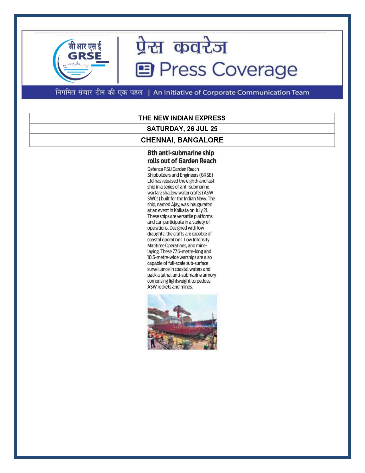 Press Coverage :  8th Anti-submarine Ship rolls out of Garden Reach